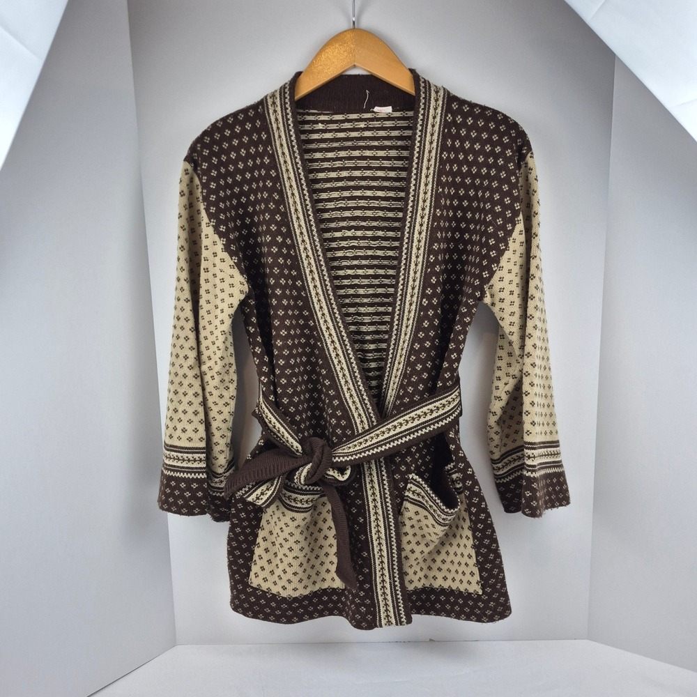 Belted Knit Cardigan Jacket Brown Cream Long Sleeve Open‎ Front VTG Women's S/M